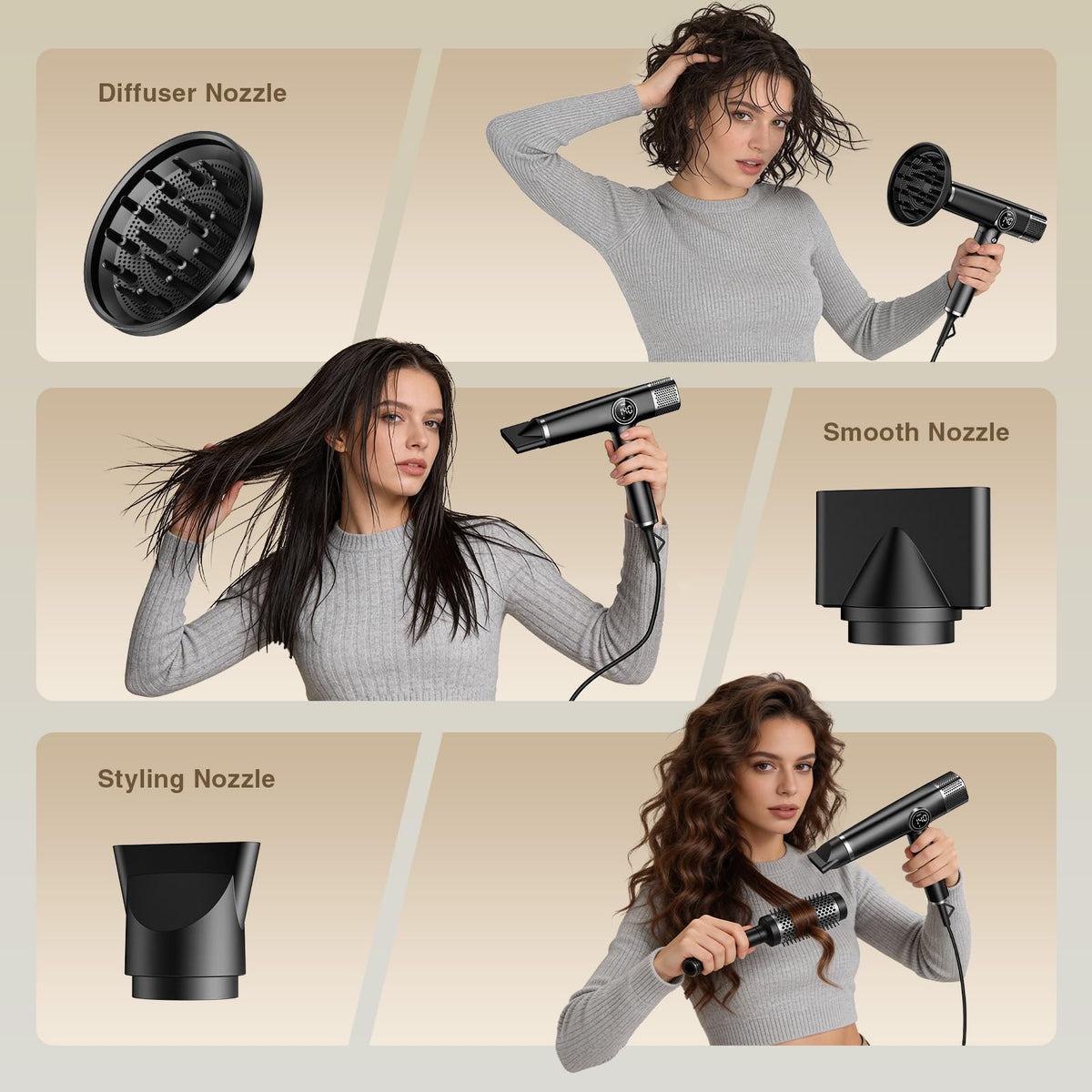 ROUUO hair dryer with magnetic nozzles