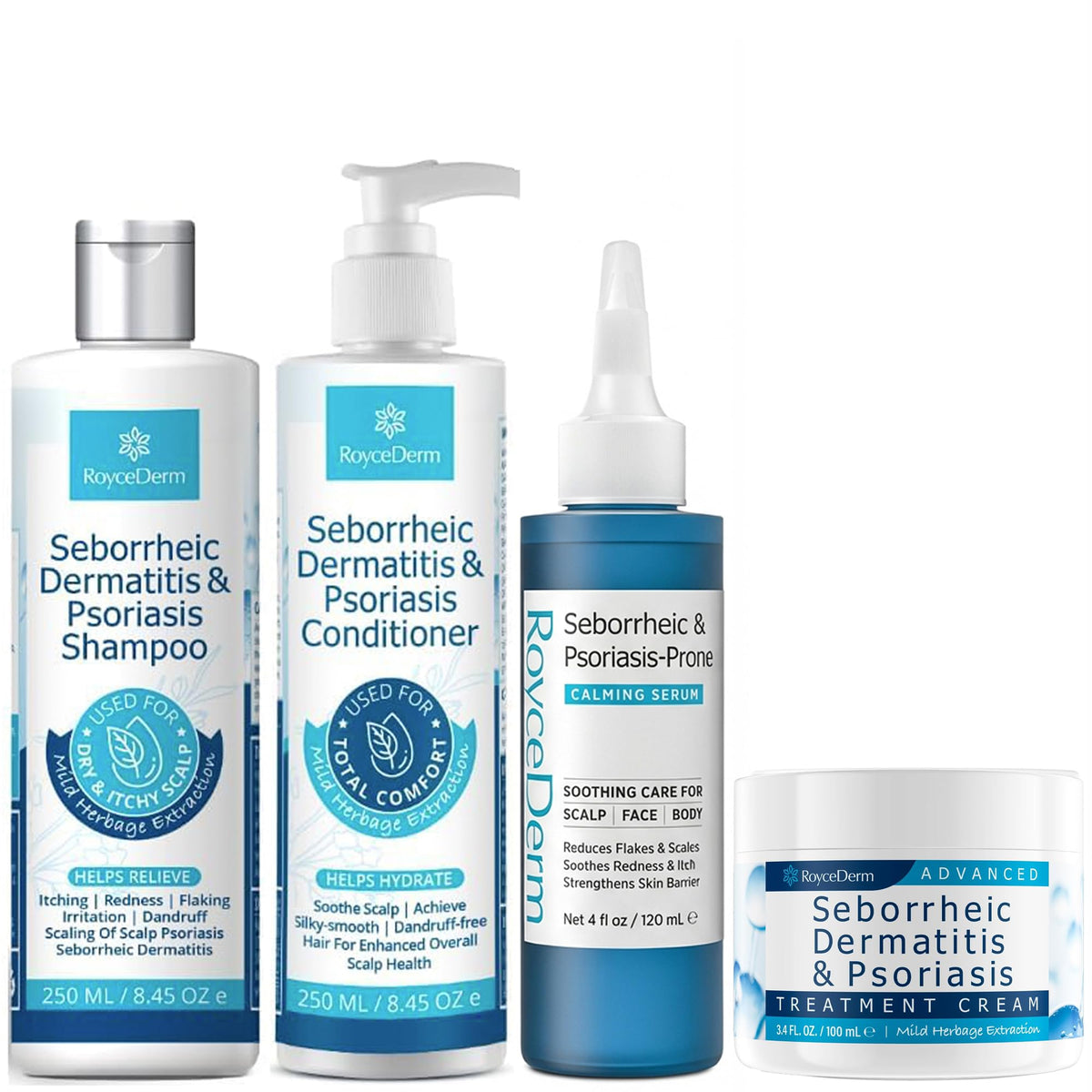 Roycederm 4-Step Scalp Care Routine set including shampoo, conditioner, serum, and scalp cream