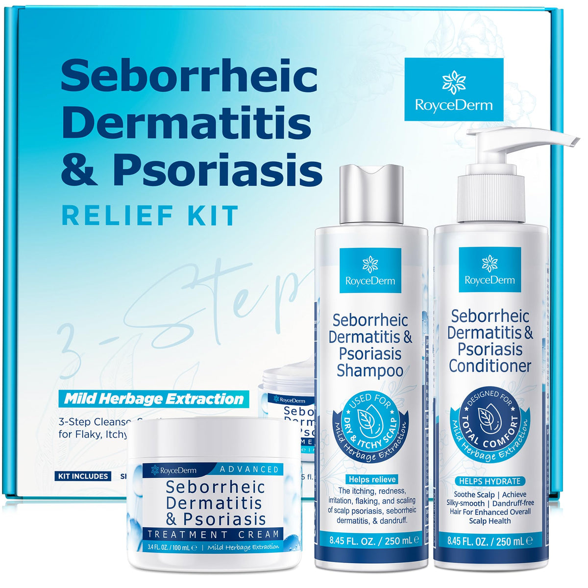 Roycederm Scalp Therapy System cream, shampoo, and conditioner set