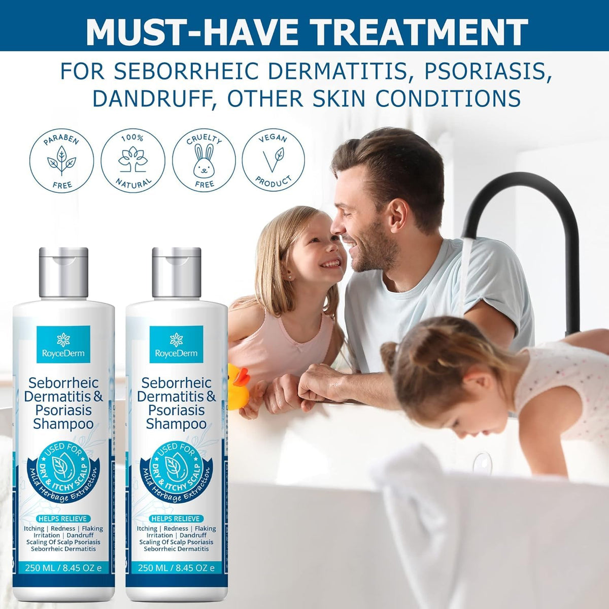Roycederm Seborrheic Dermatitis Shampoo 331g in a bathroom setting