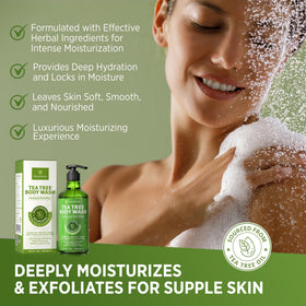 Roycederm Tea Tree Body Wash with fresh tea tree leaves