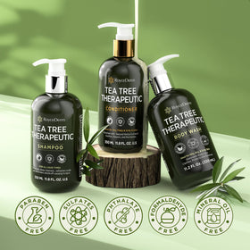 Roycederm Tea Tree Shampoo and Conditioner on a bathroom shelf