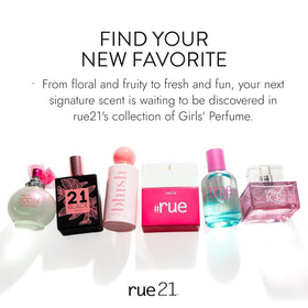 Rue 21 Black Eau De Parfum 1.7 fl oz bottle with tropical background