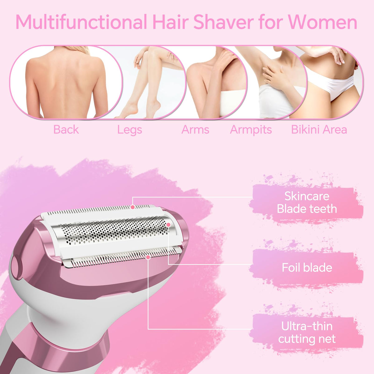 RUIBO Electric Razor for Women showing stainless steel heads