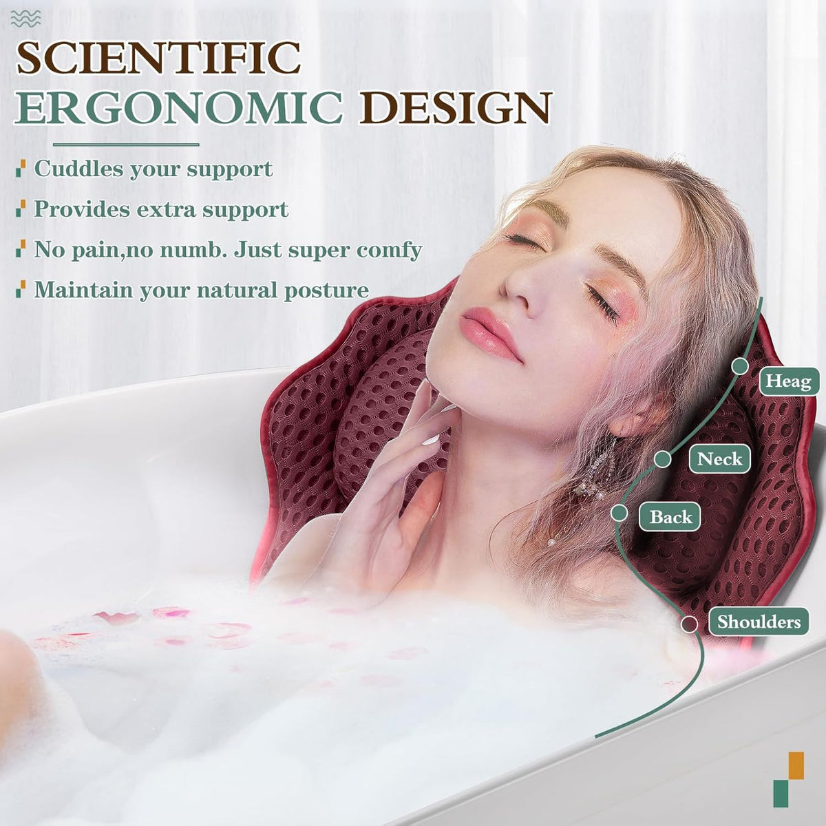 RUVINCE bath pillow showing 6 suction cups