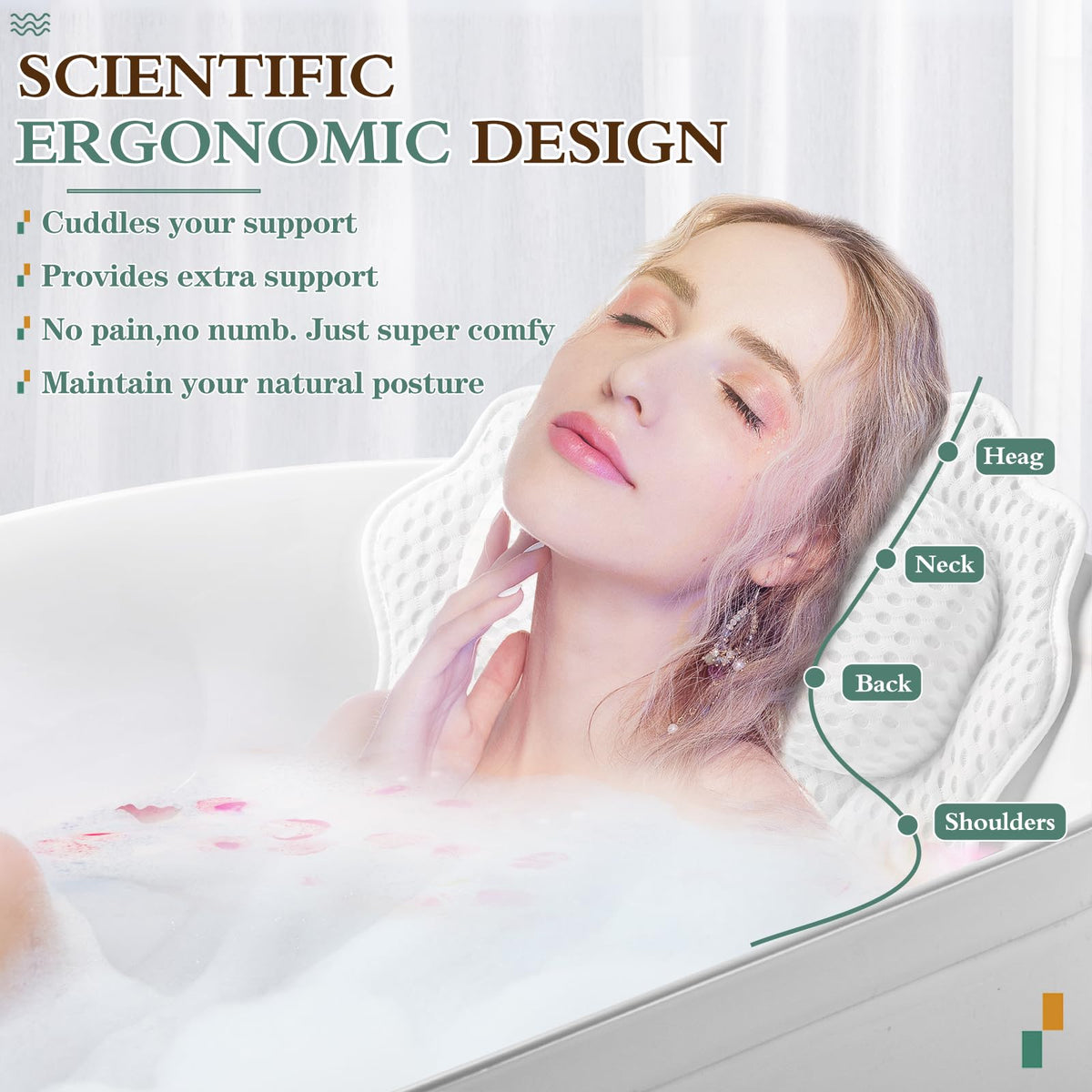 RUVINCE bath pillow showing powerful suction cups