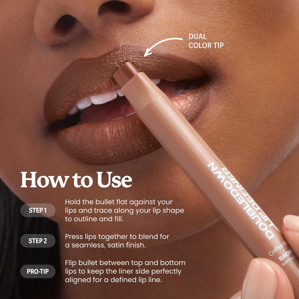 Sacheu DoubleDown Lip Definer in use on model's lips