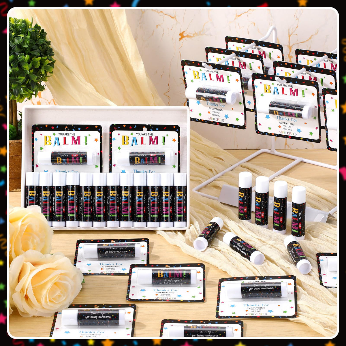 Sacubee lip balm group photo on a table