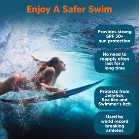 SAFE SEA Jellyfish Sting-Blocking SPF 50+ Sunscreen bottle in beach setting