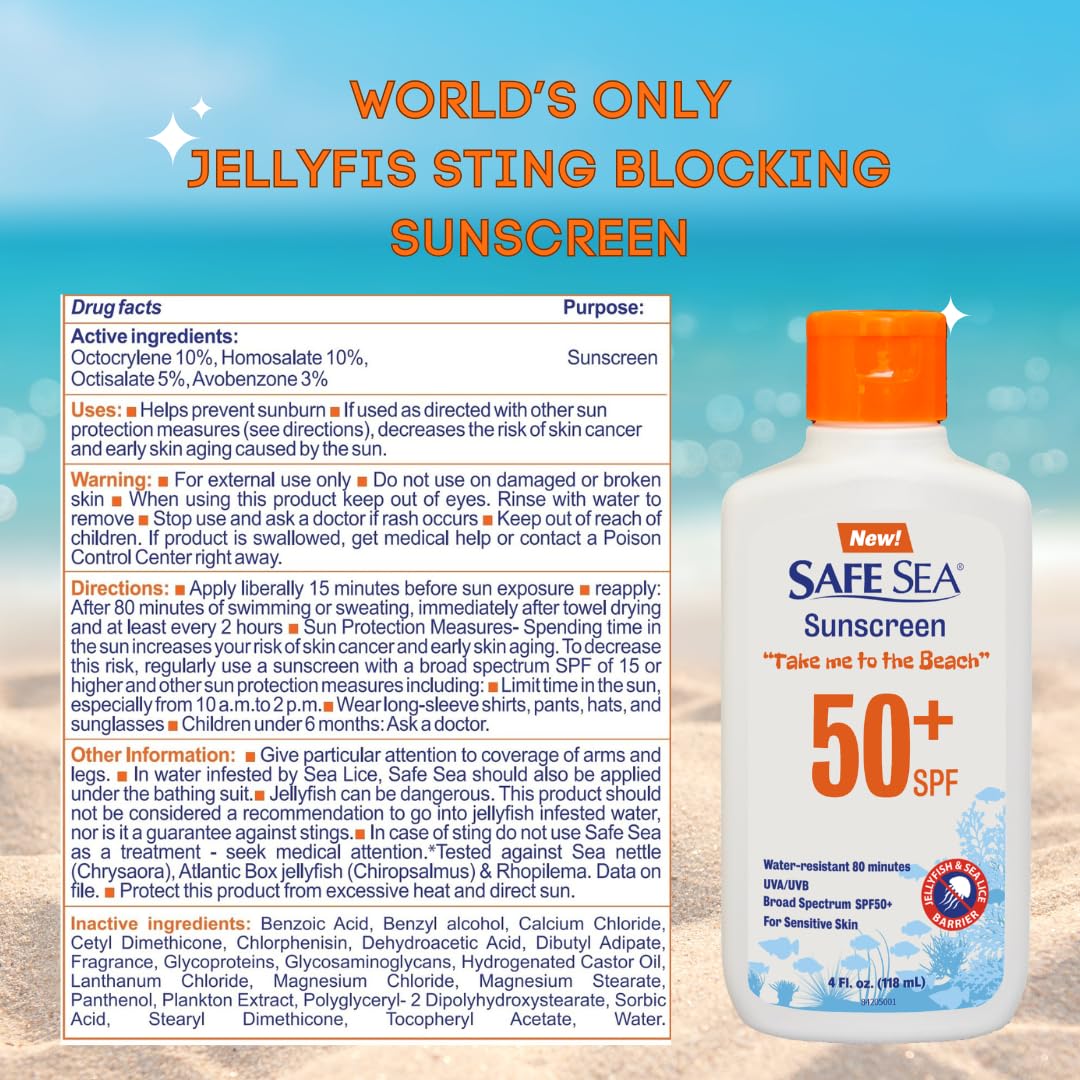 SAFE SEA Jellyfish Sting-Blocking sunscreen 4.0 oz size comparison