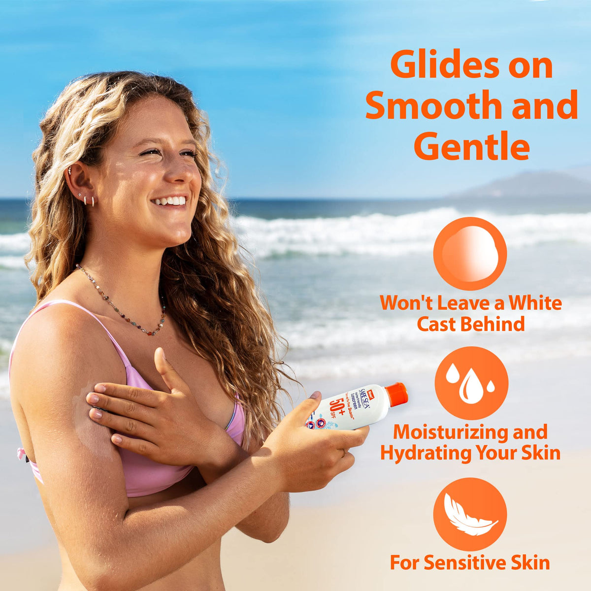 SAFE SEA sunscreen in beach setting with ocean background