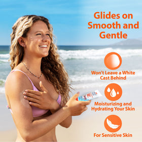 SAFE SEA sunscreen with beach background and waves
