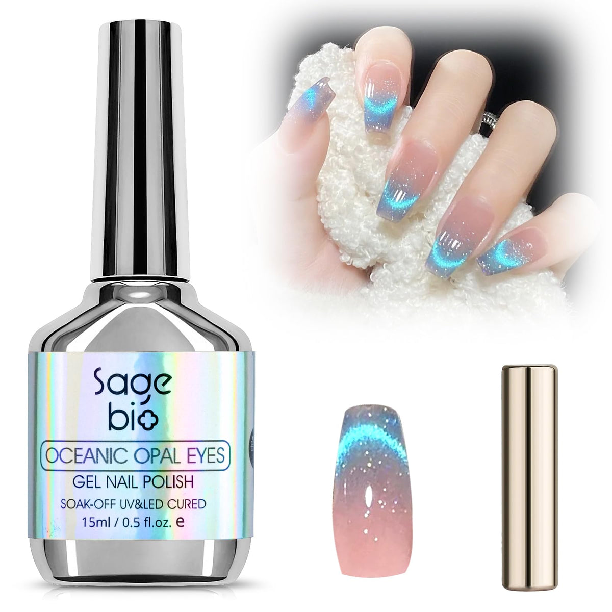 SAGEBIO Cat Eye Gel Nail Polish 15ml Blue Tears front view