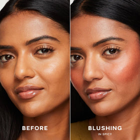 Saie Dew Liquid Blush in Spicy swatch on skin