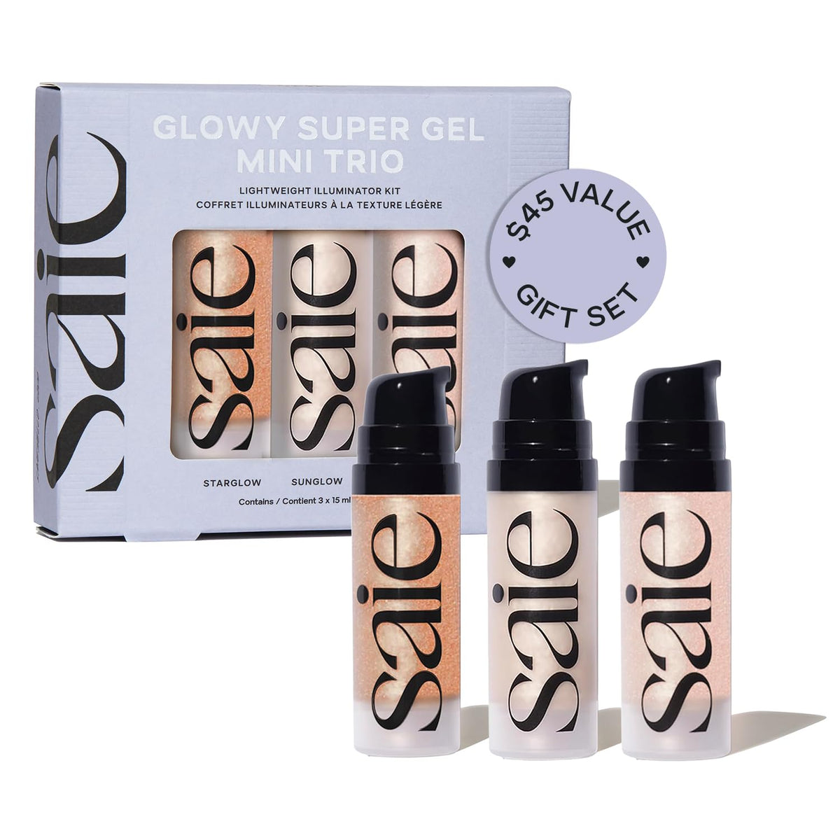 Saie Mini Glowy Super Gel Trio gift set packaging front view