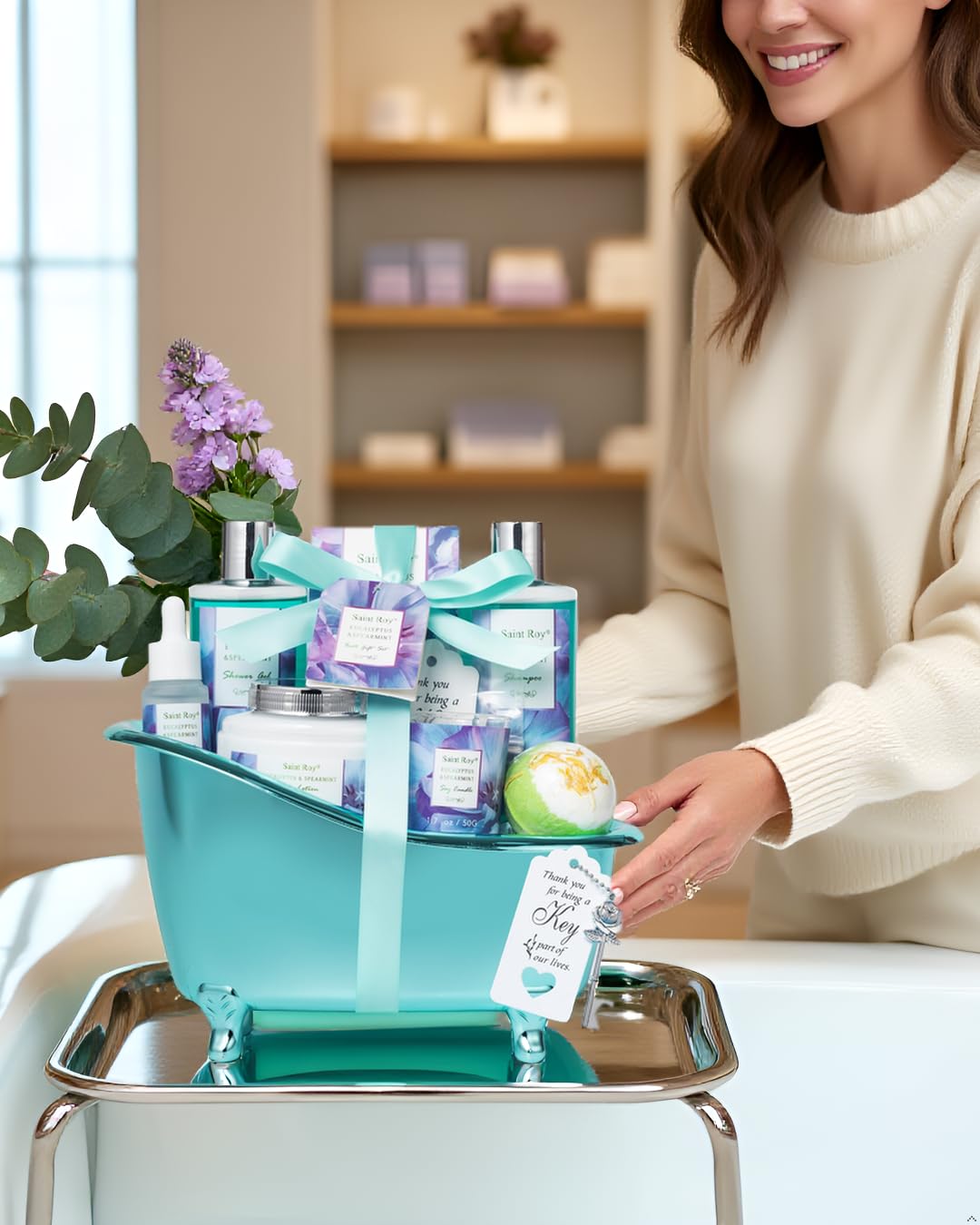 Saint Roy Bath and Body Basket Set with bubble bath and bath salts