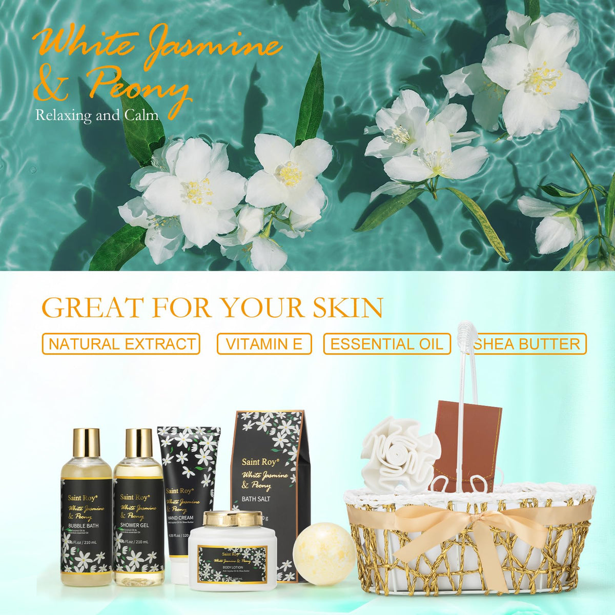 Saint Roy bath bomb and bath salt displayed in the gift basket