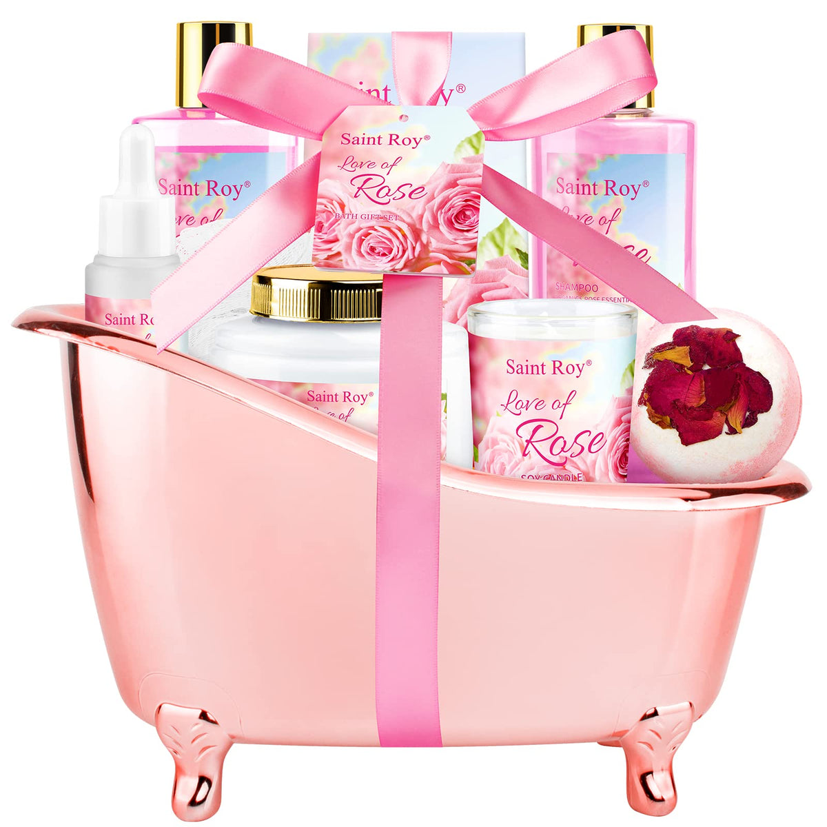 Saint Roy Rose Spa Gift Set with 8 bath essentials in a tub