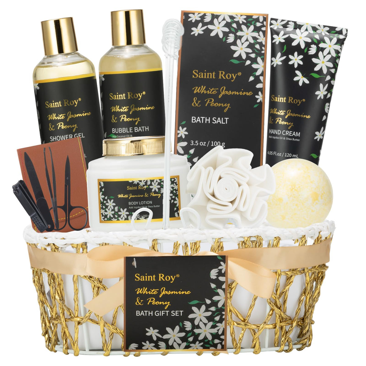Saint Roy Spa Bath & Body Gift Basket front view with Jasmine Peony products