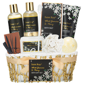 Saint Roy Spa Bath & Body Gift Basket front view with Jasmine Peony products