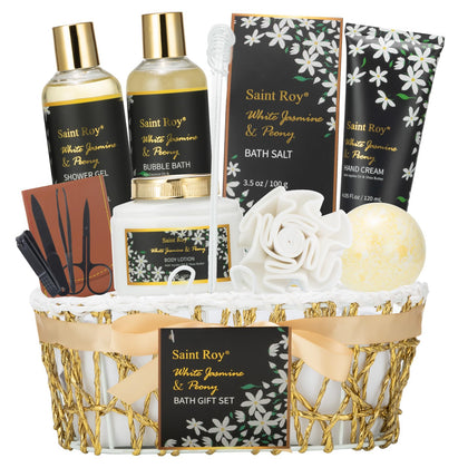 Saint Roy Spa Bath & Body Gift Basket front view with Jasmine Peony products