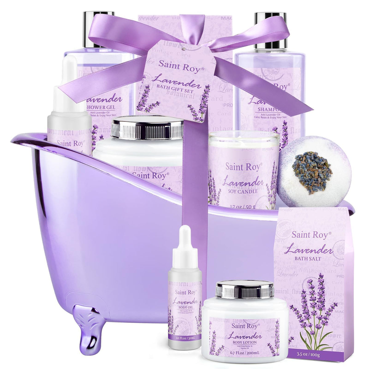 Saint Roy Spa Gift Basket lavender bath and body set front view