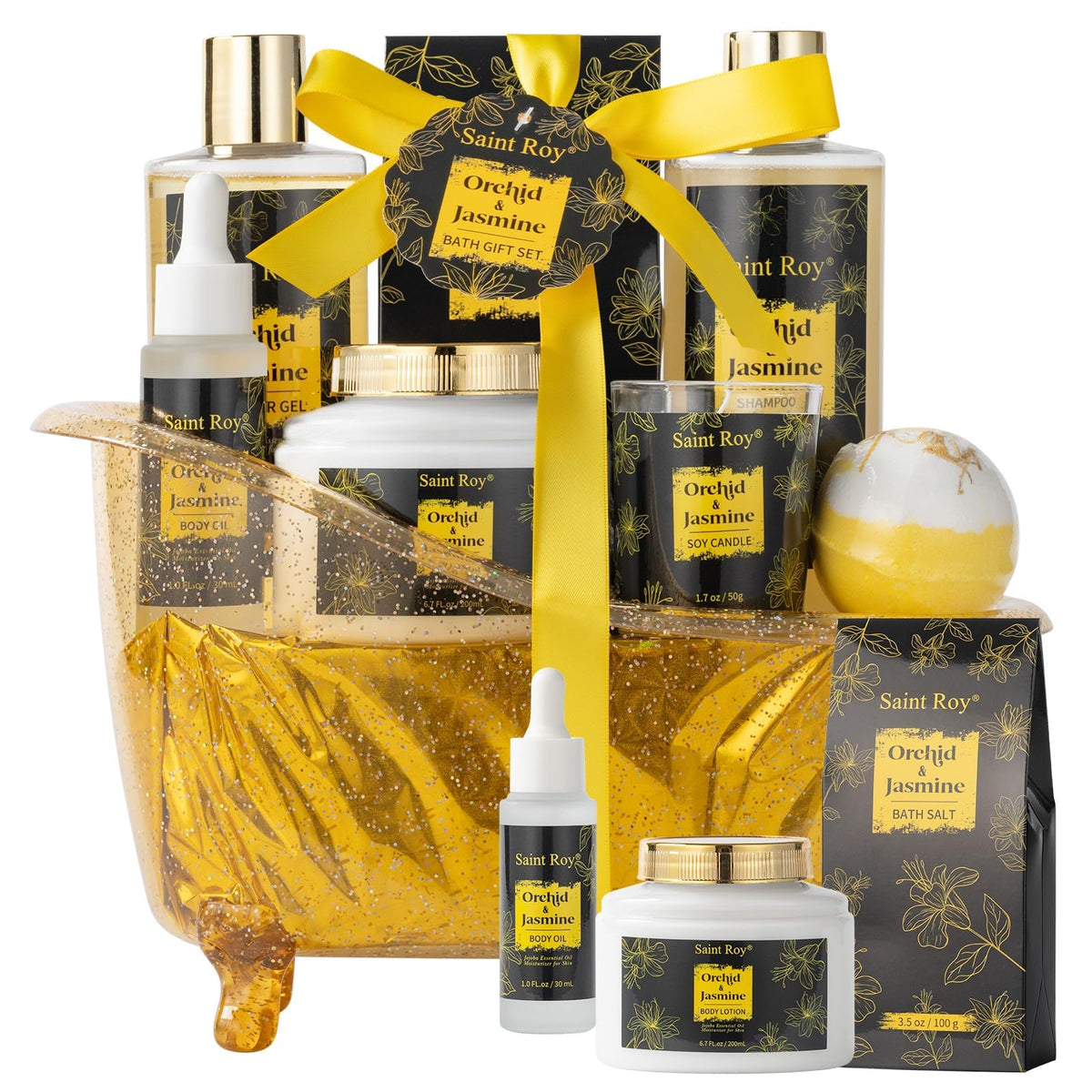 Saint Roy Spa Gift Basket Set with 8 bath products arranged in a gold shine tub