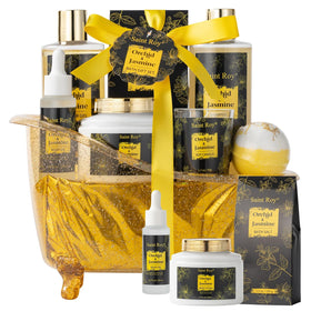Saint Roy Spa Gift Basket Set with 8 bath products arranged in a gold shine tub