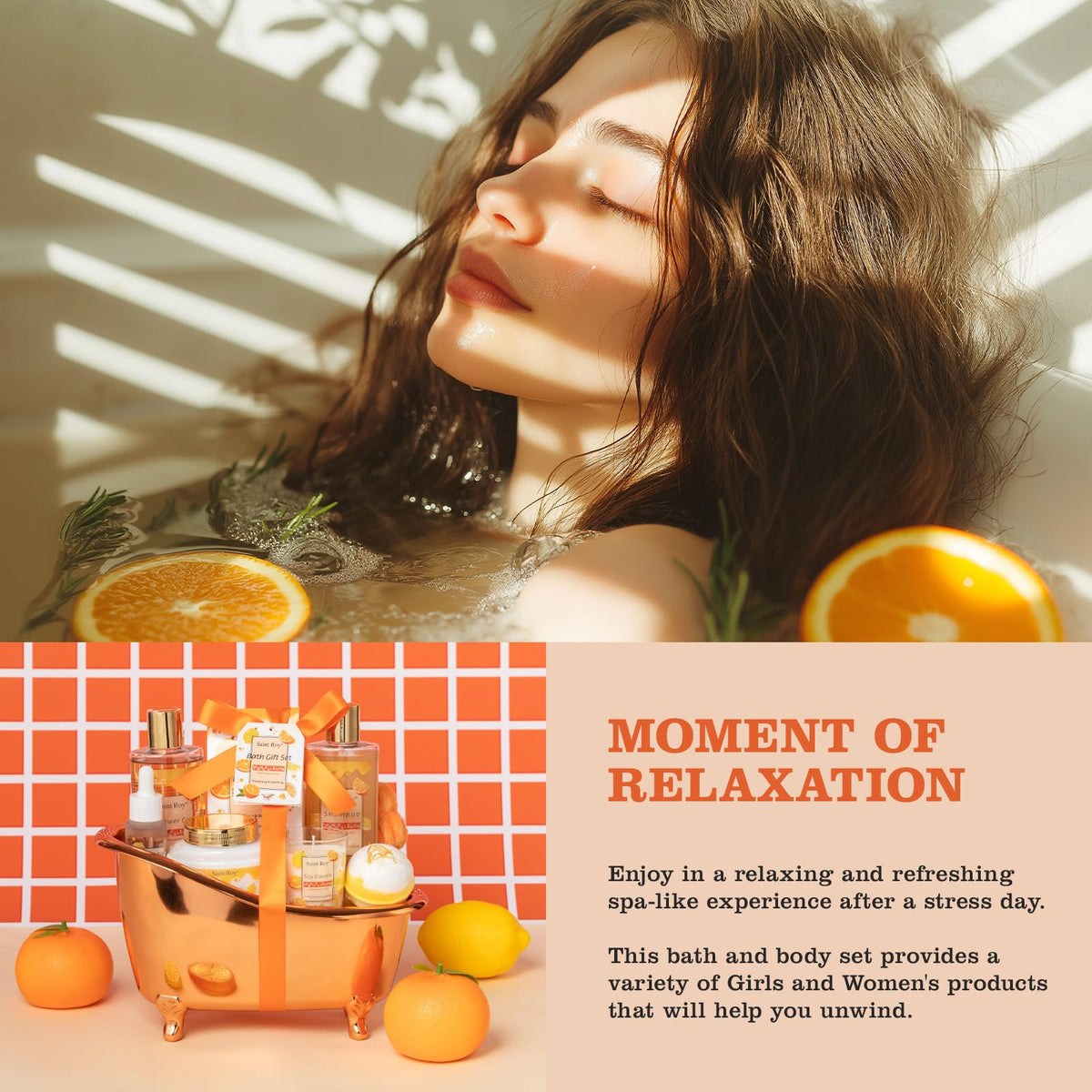 Saint Roy Spa Gift Set packaging showing vibrant orange design
