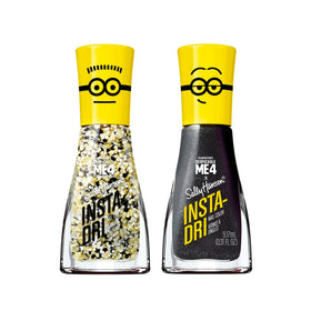 Sally Hansen Insta-Dri Despicable Me Nail Polish Duo front view with glittery white and black shimmer