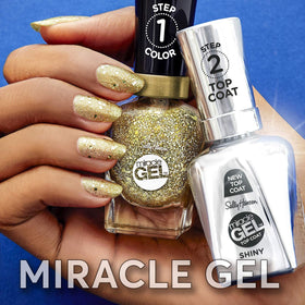 Sally Hansen Miracle Gel™ nail polish duo on a vanity table