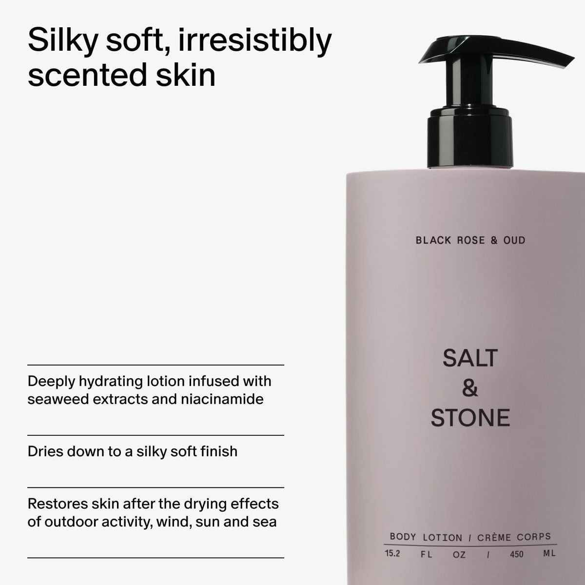 Salt & Stone Body Lotion packaging with ingredients