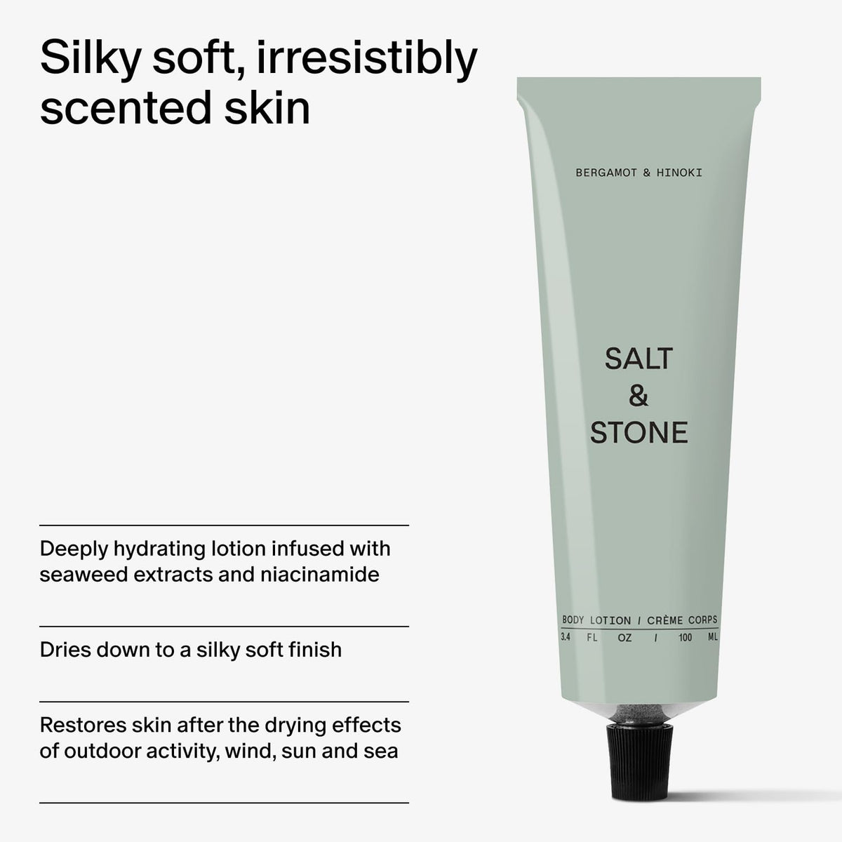 Salt & Stone Body Lotion packaging with ingredients