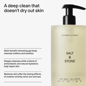 Salt & Stone Body Wash Bergamot & Hinoki bottle on a bathroom counter