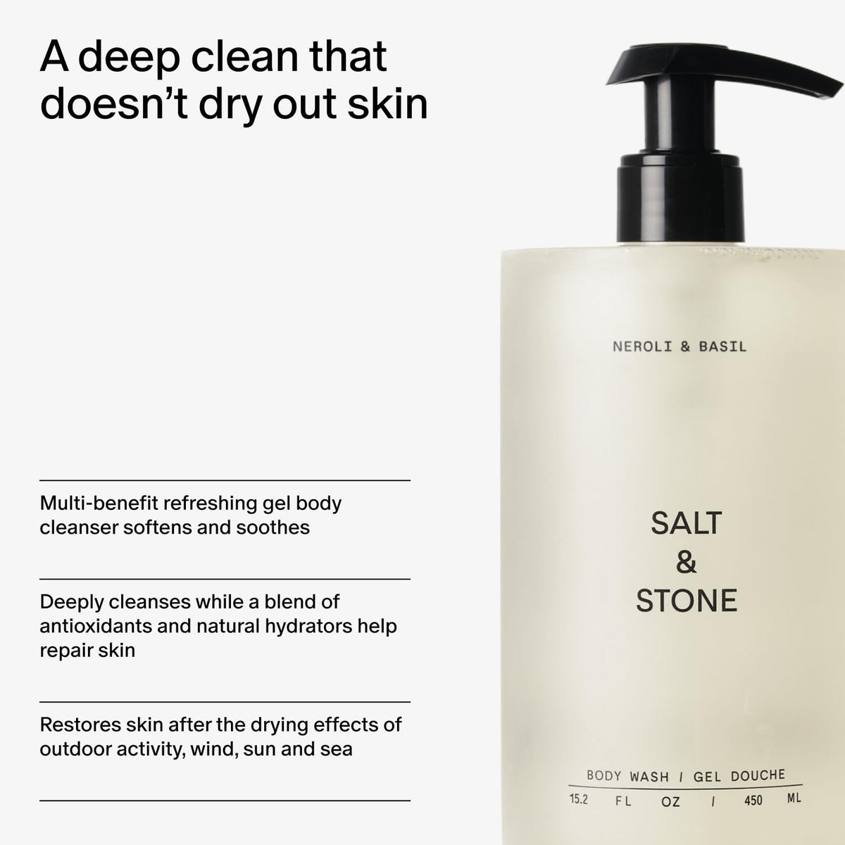 Salt & Stone Body Wash Neroli & Basil on a bathroom shelf