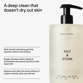 Salt & Stone Body Wash Neroli & Basil on a bathroom shelf