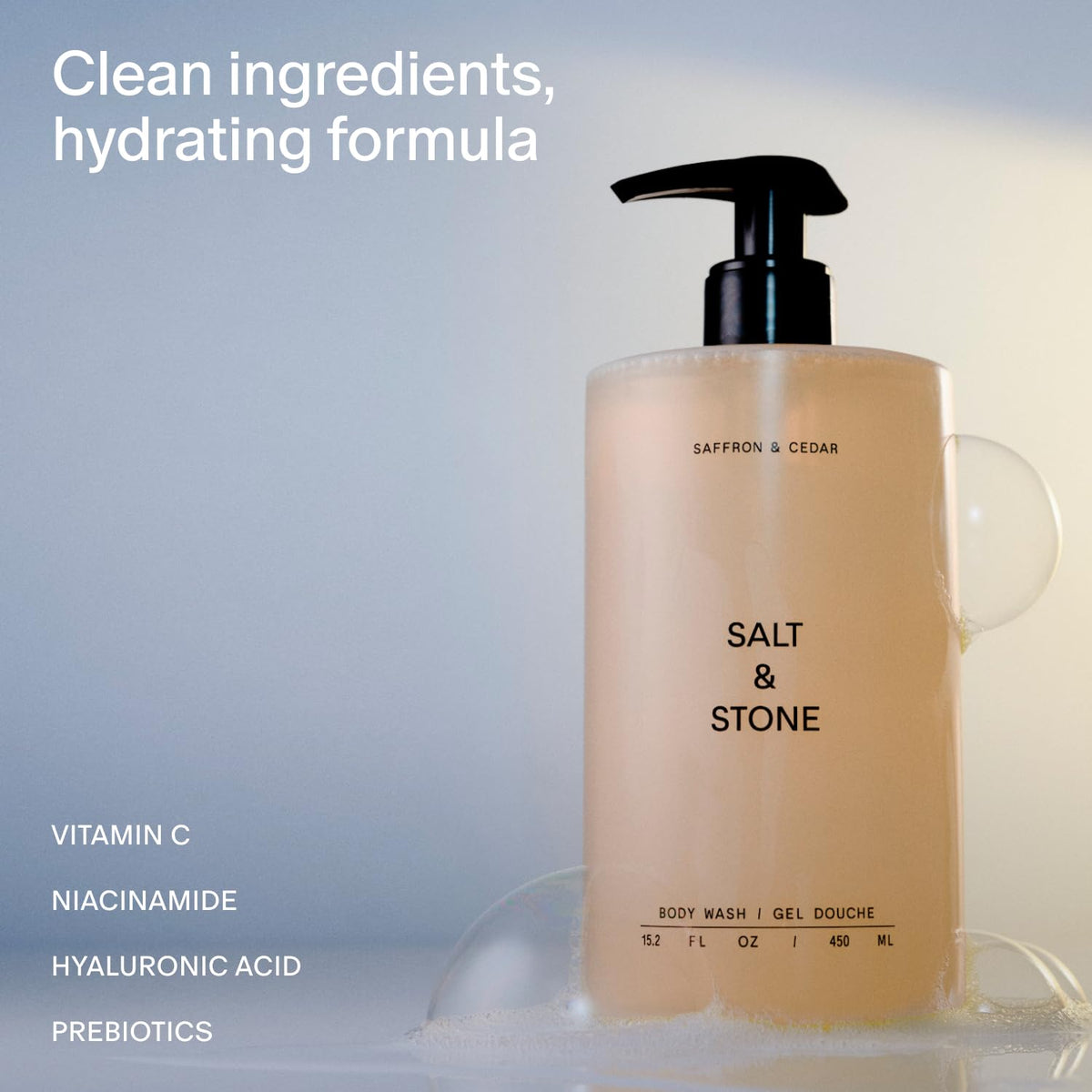 Salt & Stone Body Wash Saffron & Cedar bottle with label