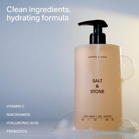 Salt & Stone Body Wash Saffron & Cedar bottle with label