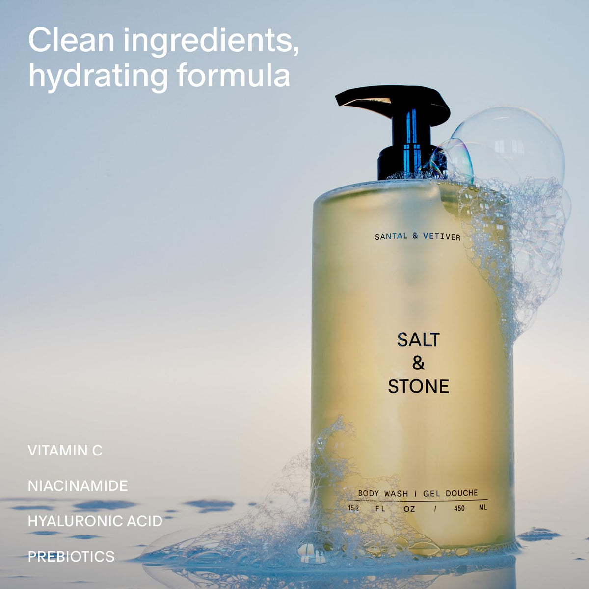 Salt & Stone Body Wash Santal & Vetiver bottle side view