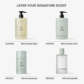Salt & Stone Hair & Body Mist on a bathroom counter