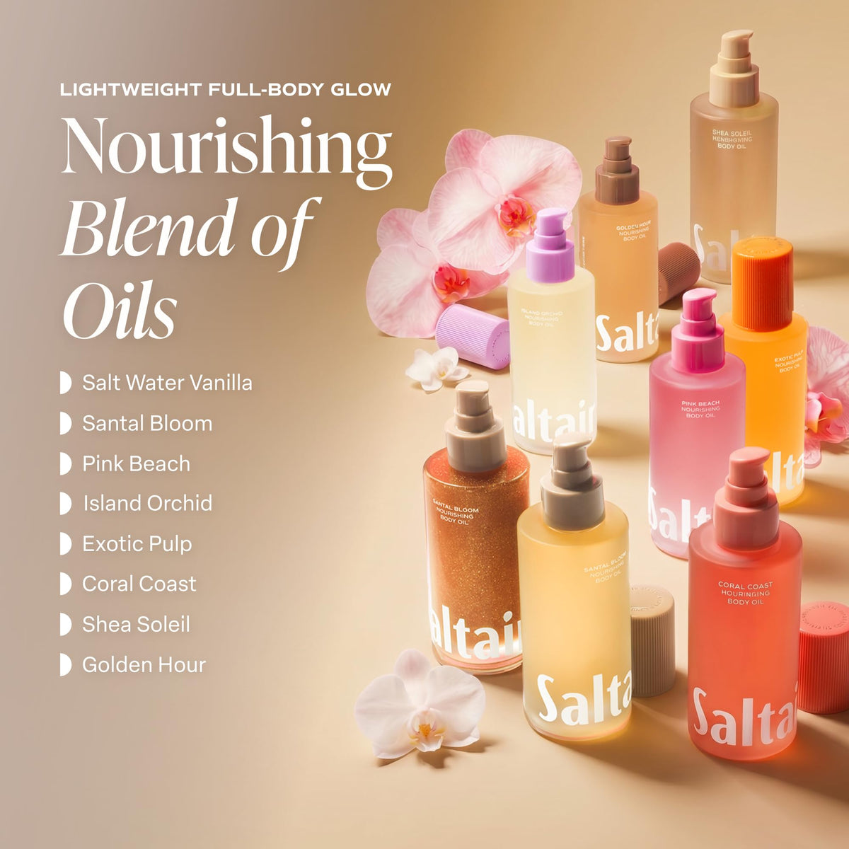 Saltair Body Oil 10 fl oz bottle with a pour demonstration