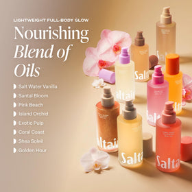 Saltair Body Oil 10 fl oz bottle with a pour demonstration