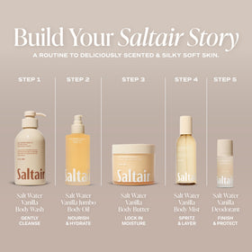 Saltair Body Oil 10 fl oz on a bathroom counter next to a towel