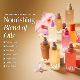 Saltair Body Oil 10 fl oz on a bathroom counter with tropical decor