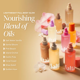 Saltair Body Oil 4 fl oz with a backdrop of shea nuts and vanilla