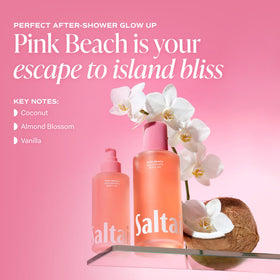 Saltair Body Oil Pink Beach packaging with tropical design
