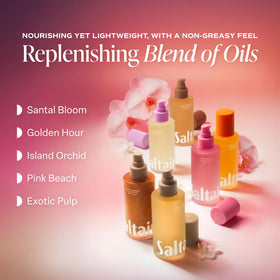 Saltair Body Oil Santal Bloom with floral background