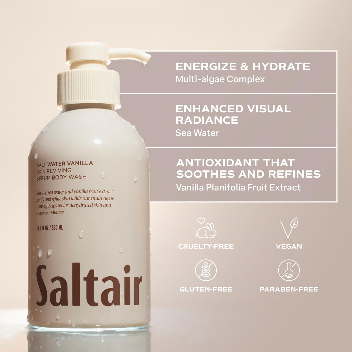 Saltair Body Wash bottles arranged on a bathroom shelf