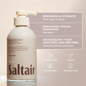 Saltair Body Wash bottles arranged on a bathroom shelf