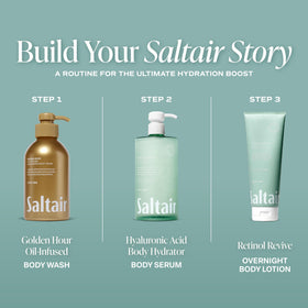 Saltair Hyaluronic Acid Body Serum displayed with other skincare products